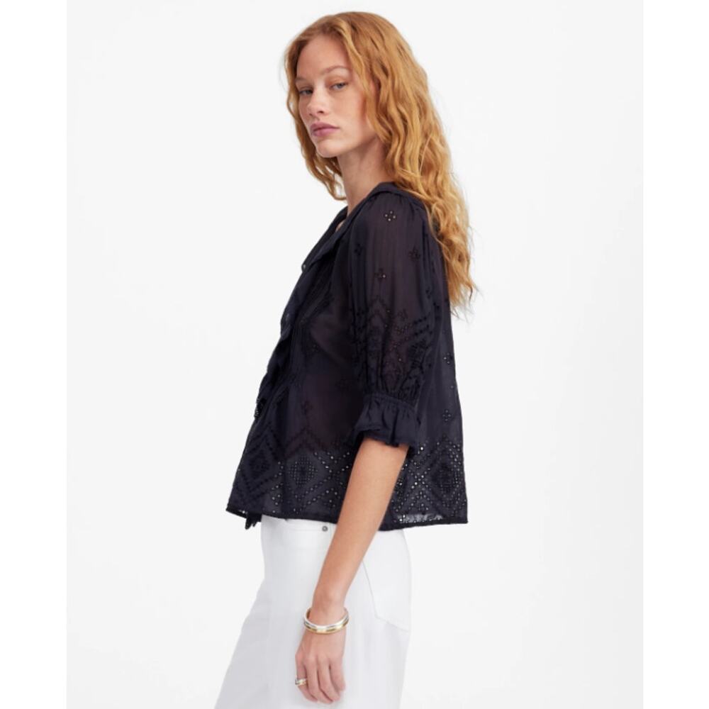 Madewell Ruffled Puff-Sleeve Top WMNS M Black Pintuck Lace-Trim V-Neck Button Up - Picture 2 of 9